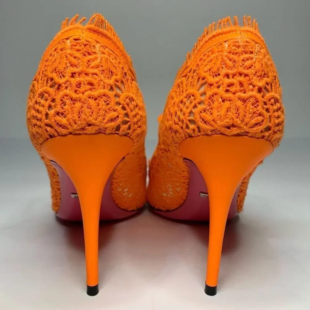 Gucci Virginia Lace Pumps Neon Orange EU 40 US 10 Mary Jane Lace Heels - Picture 6 of 11